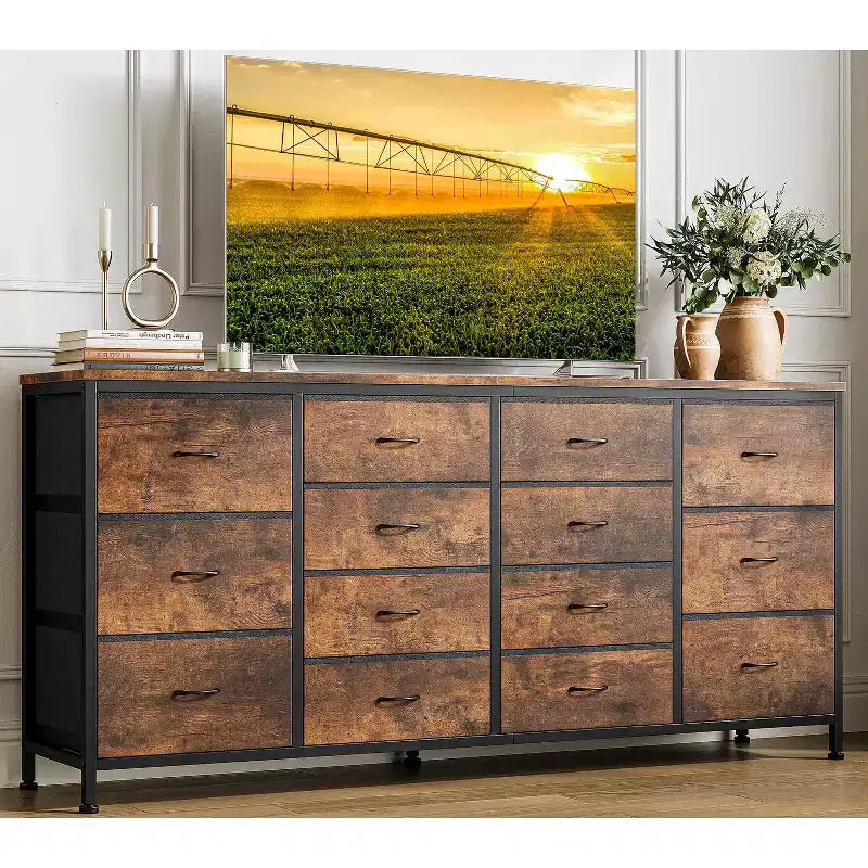 Commode avec 14 tiroirs en tissu, grande commode TV