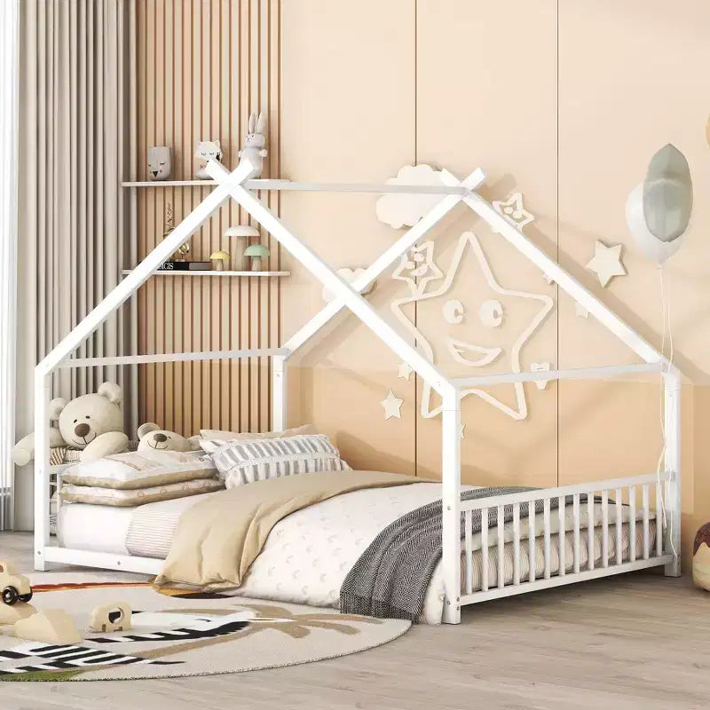 Okak Full Size Bed Frame with Storage, Full Size Bed Frame for Kids, House-Shaped Metal Platform Bed with Twin Size Trundle, White