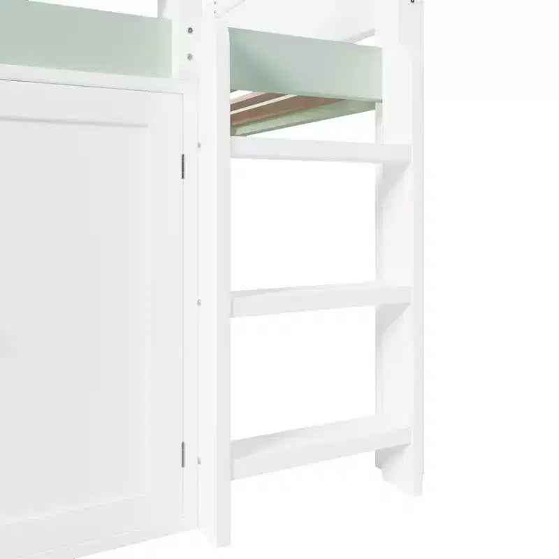 Lit mezzanine pleine grandeur avec toit en toile rayée, étagères de rangement