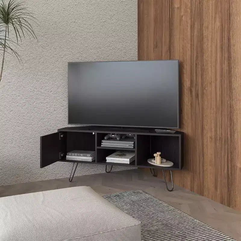 Meuble TV avec portes et espace de rangement ouvert, surface résistante aux rayures