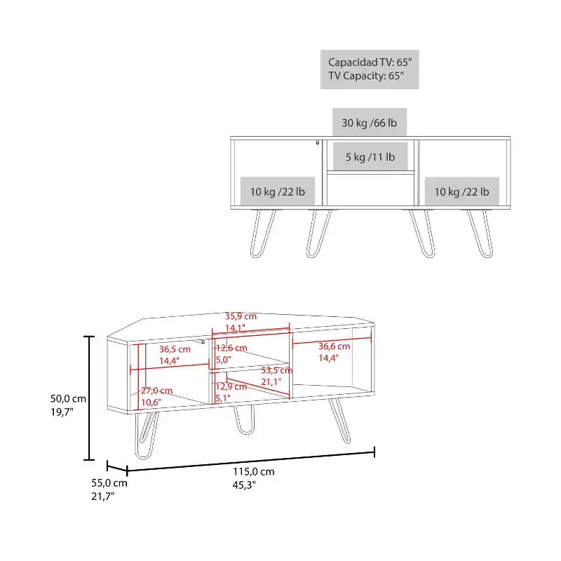 Meuble TV avec portes et espace de rangement ouvert, surface résistante aux rayures