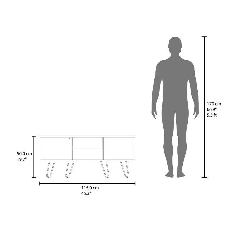 Meuble TV avec portes et espace de rangement ouvert, surface résistante aux rayures