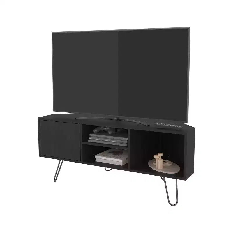 Meuble TV avec portes et espace de rangement ouvert, surface résistante aux rayures
