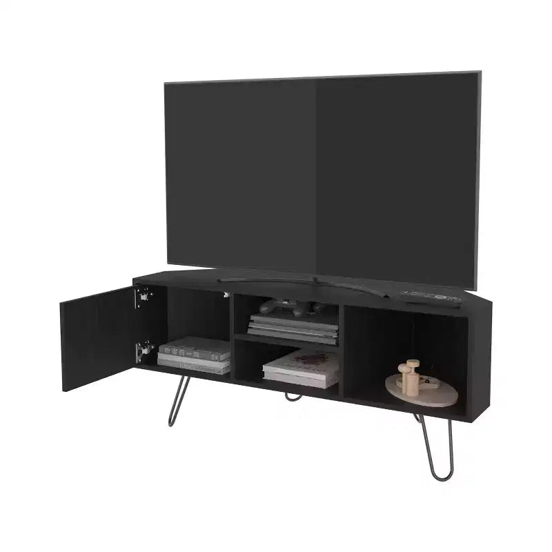 Meuble TV avec portes et espace de rangement ouvert, surface résistante aux rayures