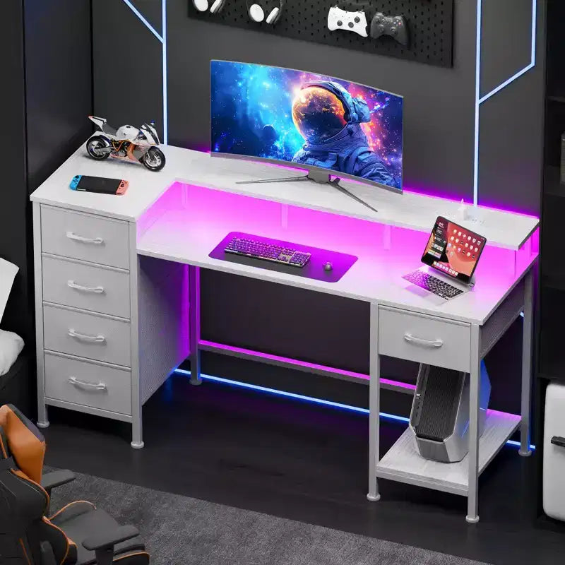 47 Inch White Computer Desk with Charging Station Reversible Gaming Desk LED Lights Fabric Drawers Home Office Storage Writing Table Bedroom Study