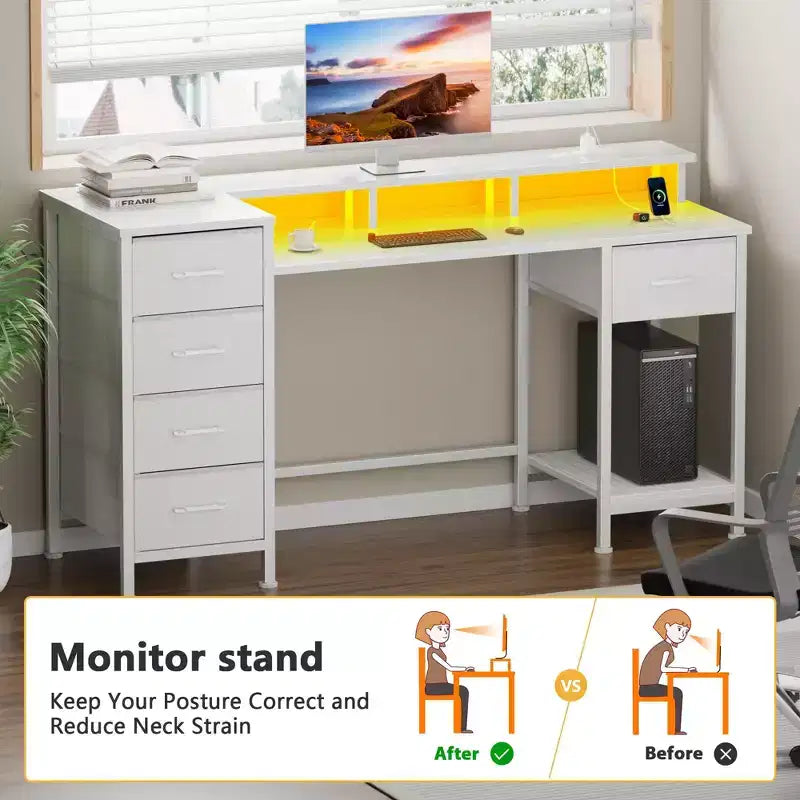 Bureau d'ordinateur blanc de 47 pouces avec station de chargement, bureau de jeu réversible