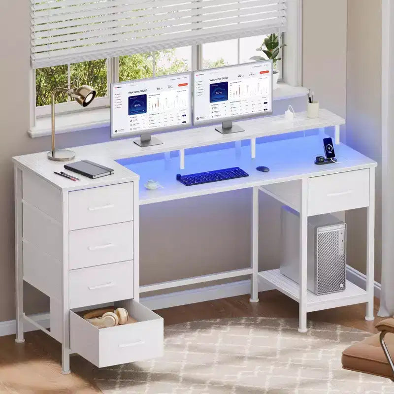 Bureau d'ordinateur blanc de 47 pouces avec station de chargement, bureau de jeu réversible