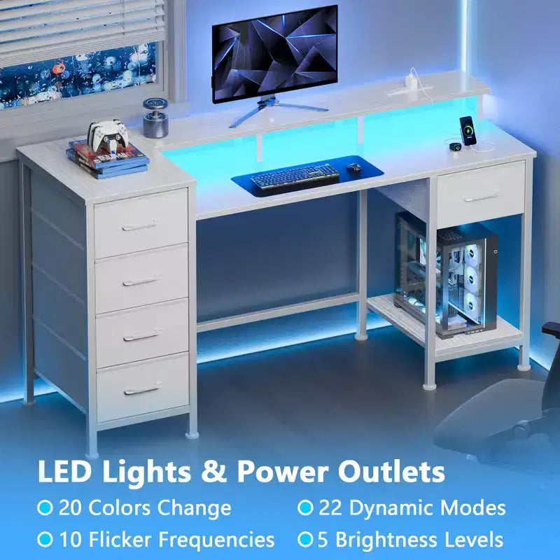Bureau d'ordinateur blanc de 47 pouces avec station de chargement, bureau de jeu réversible