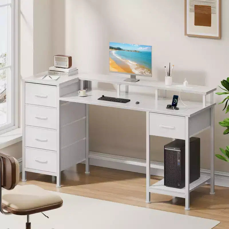 Bureau d'ordinateur blanc de 47 pouces avec station de chargement, bureau de jeu réversible