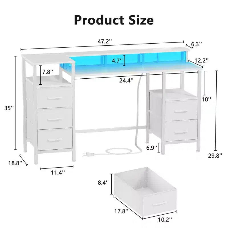 Bureau d'ordinateur blanc de 47 pouces avec station de chargement, bureau de jeu réversible