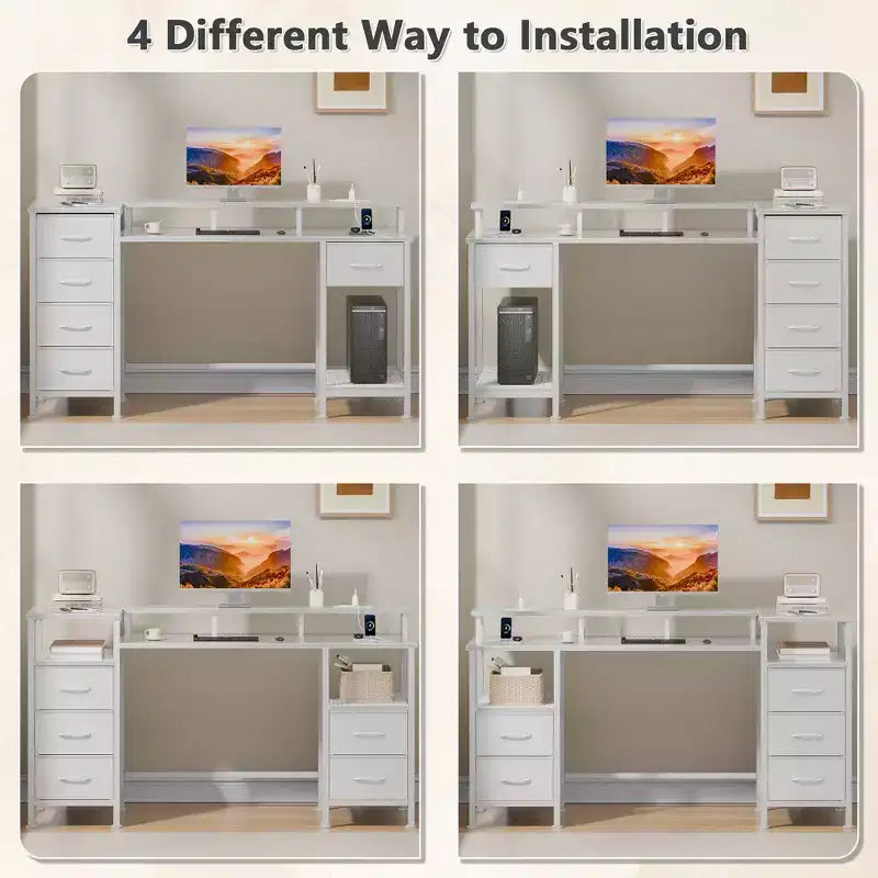 Bureau d'ordinateur blanc de 47 pouces avec station de chargement, bureau de jeu réversible