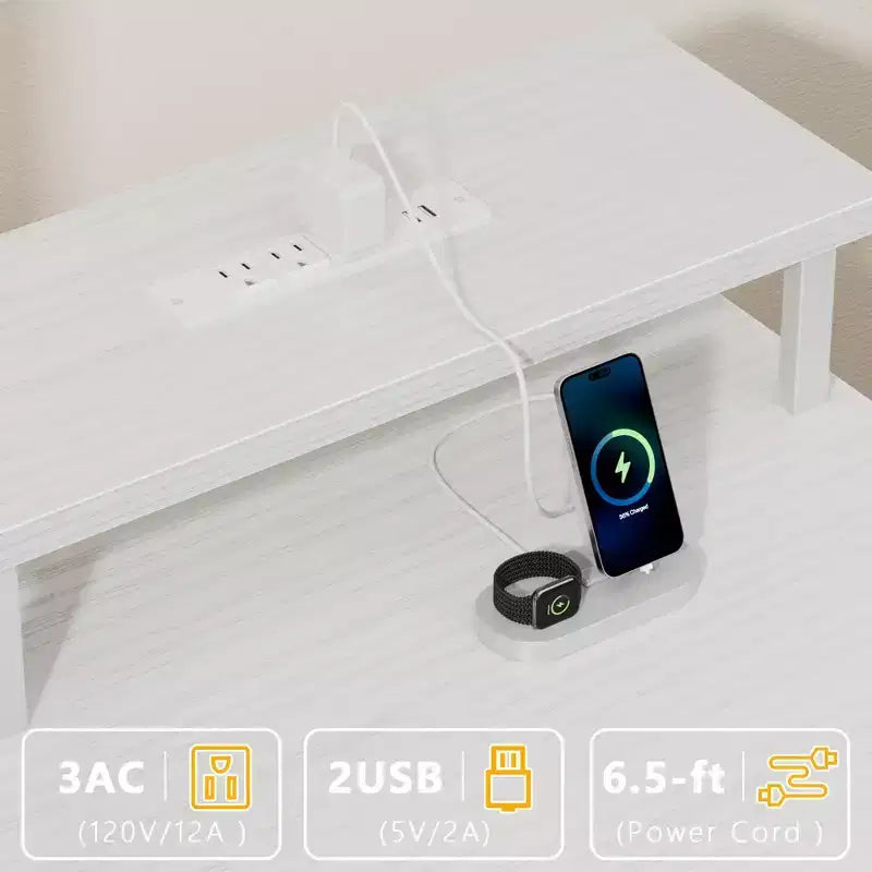 Bureau d'ordinateur blanc de 47 pouces avec station de chargement, bureau de jeu réversible