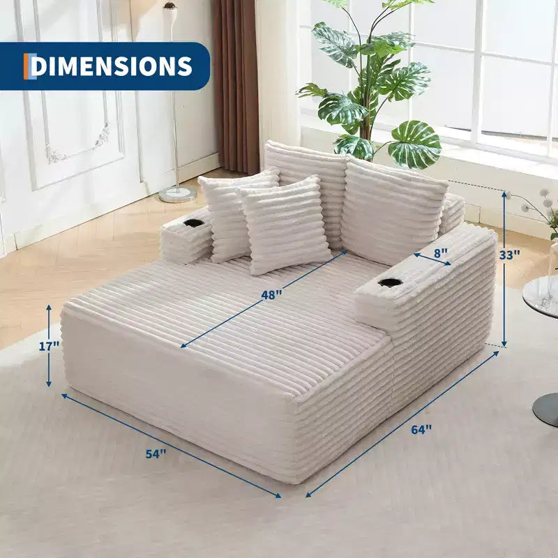 Méridienne moderne en velours côtelé de 60 pouces avec ports USB
