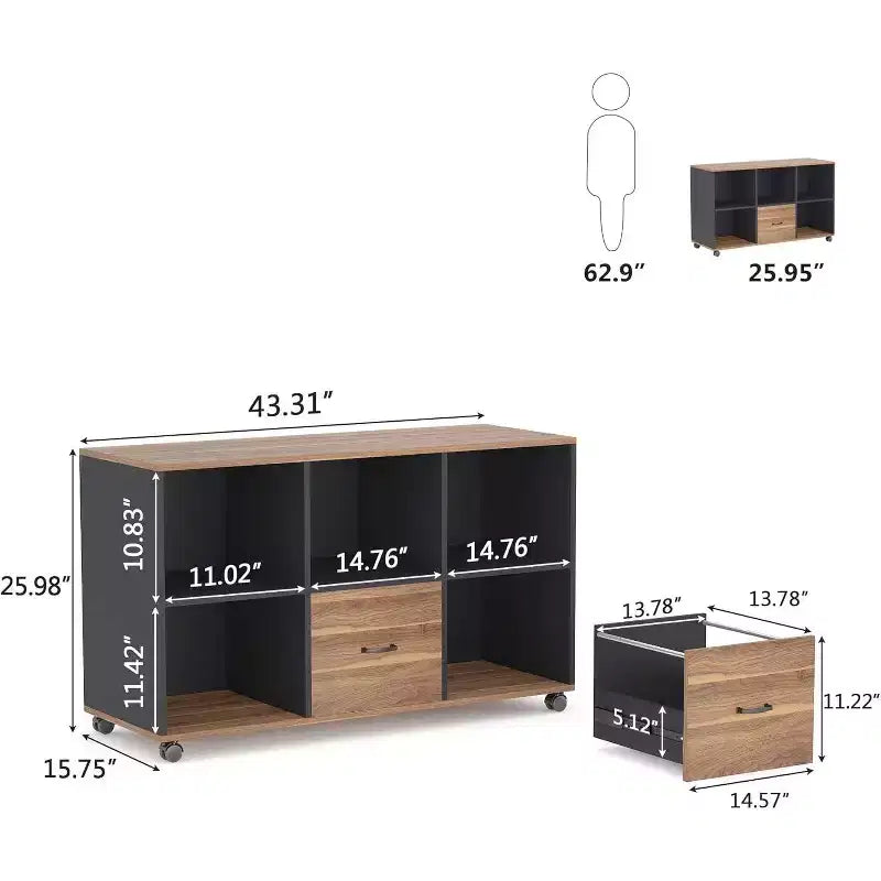 Classeurs latéraux à 2 tiroirs, support d'imprimante mobile en bois de 43 pouces avec classeur