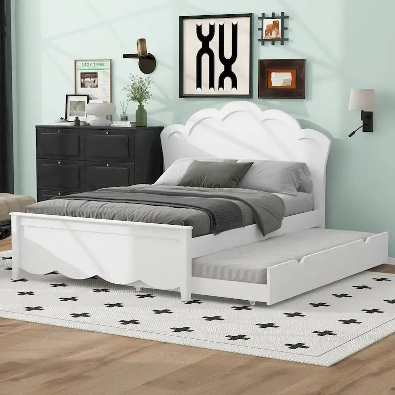 Lit double en bois avec tête de lit et lit gigogne simple, blanc