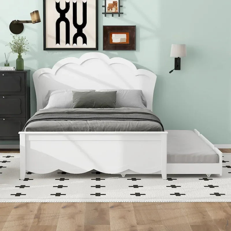 Lit double en bois avec tête de lit et lit gigogne simple, blanc