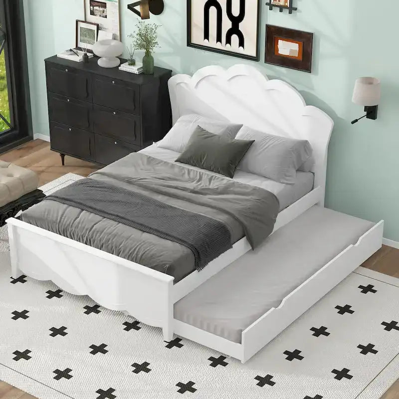 Lit double en bois avec tête de lit et lit gigogne simple, blanc