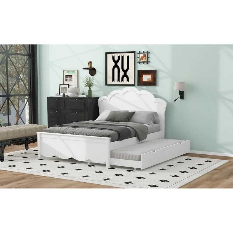 Lit double en bois avec tête de lit et lit gigogne simple, blanc