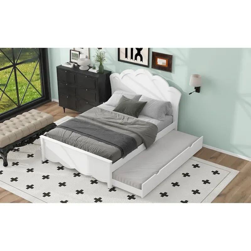 Lit double en bois avec tête de lit et lit gigogne simple, blanc