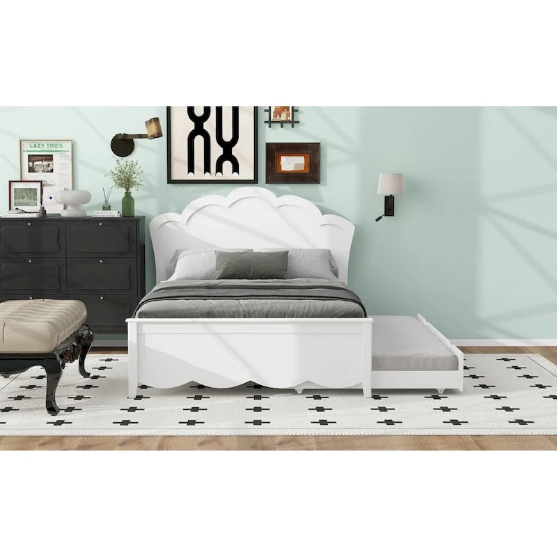 Lit double en bois avec tête de lit et lit gigogne simple, blanc