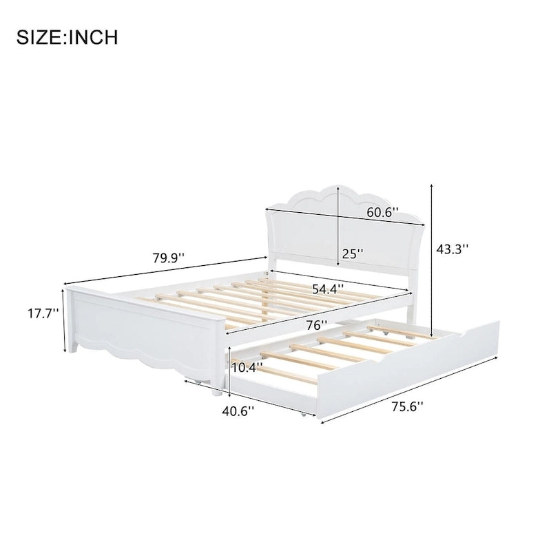 Lit double en bois avec tête de lit et lit gigogne simple, blanc