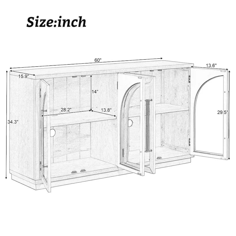 Buffet rétro 4 portes grand rangement avec poignées métalliques