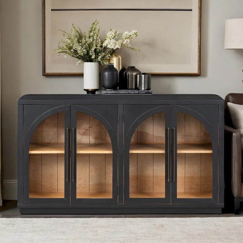 Buffet rétro 4 portes grand rangement avec poignées métalliques