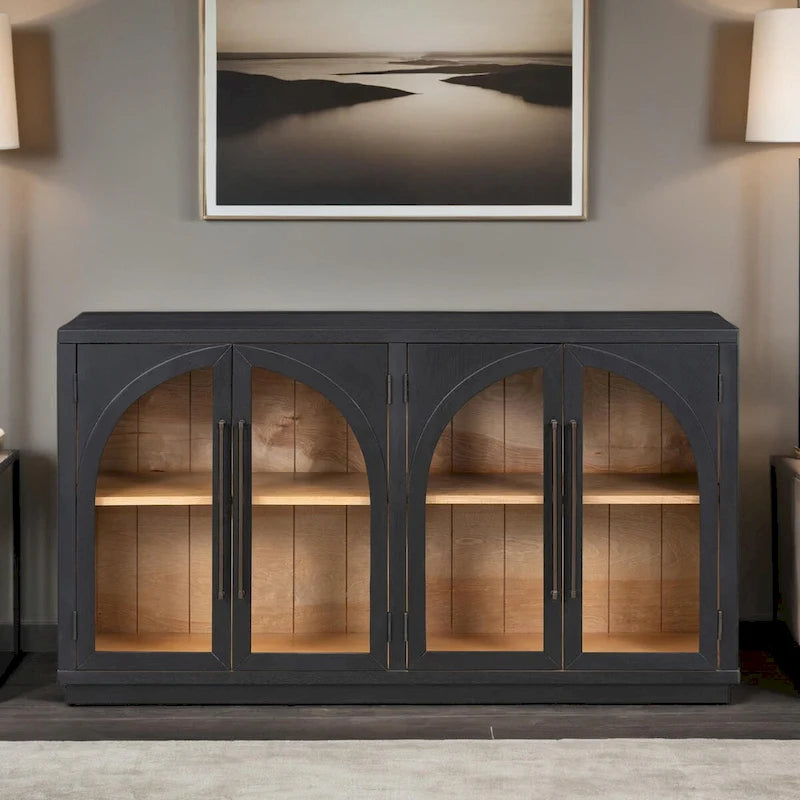 Buffet rétro 4 portes grand rangement avec poignées métalliques